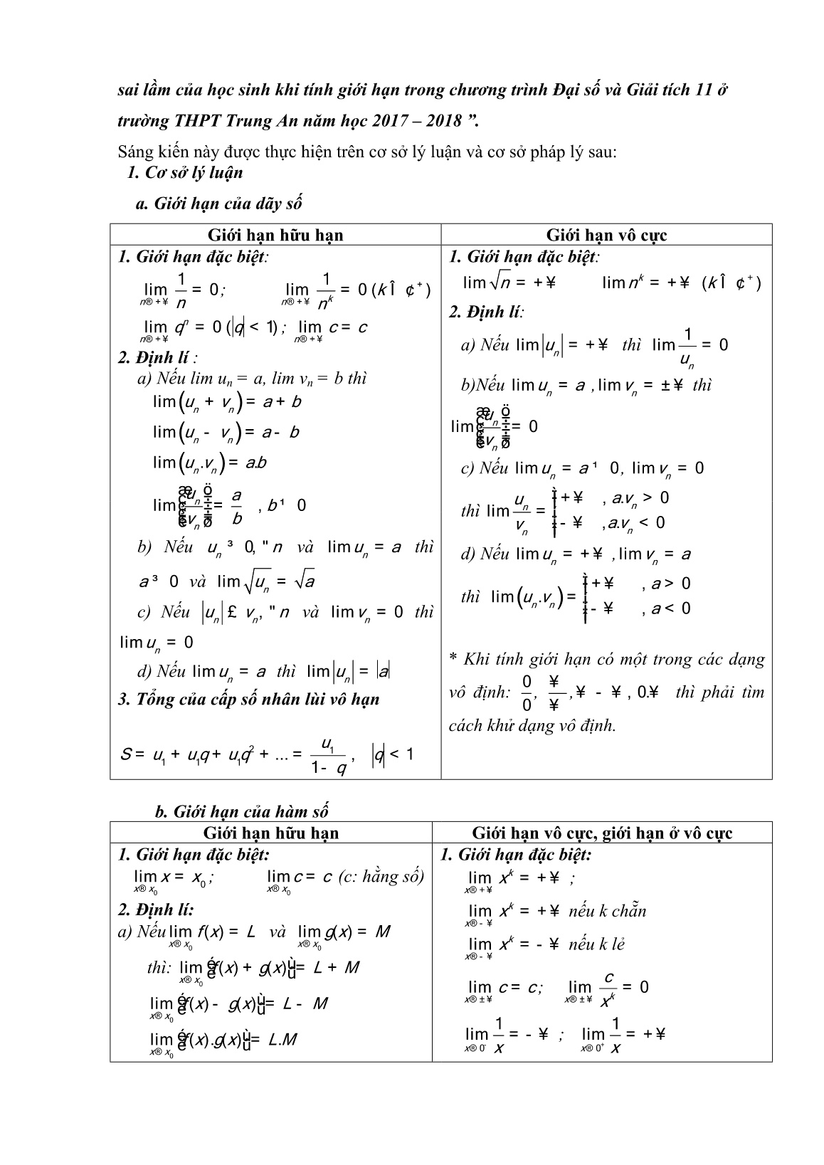 Mô tả Sáng kiến Một số sai lầm của học sinh khi tính giới hạn trong chương trình Đại số và Giải tích 11 ở trường THPT Trung An năm học 2017-2018 trang 2