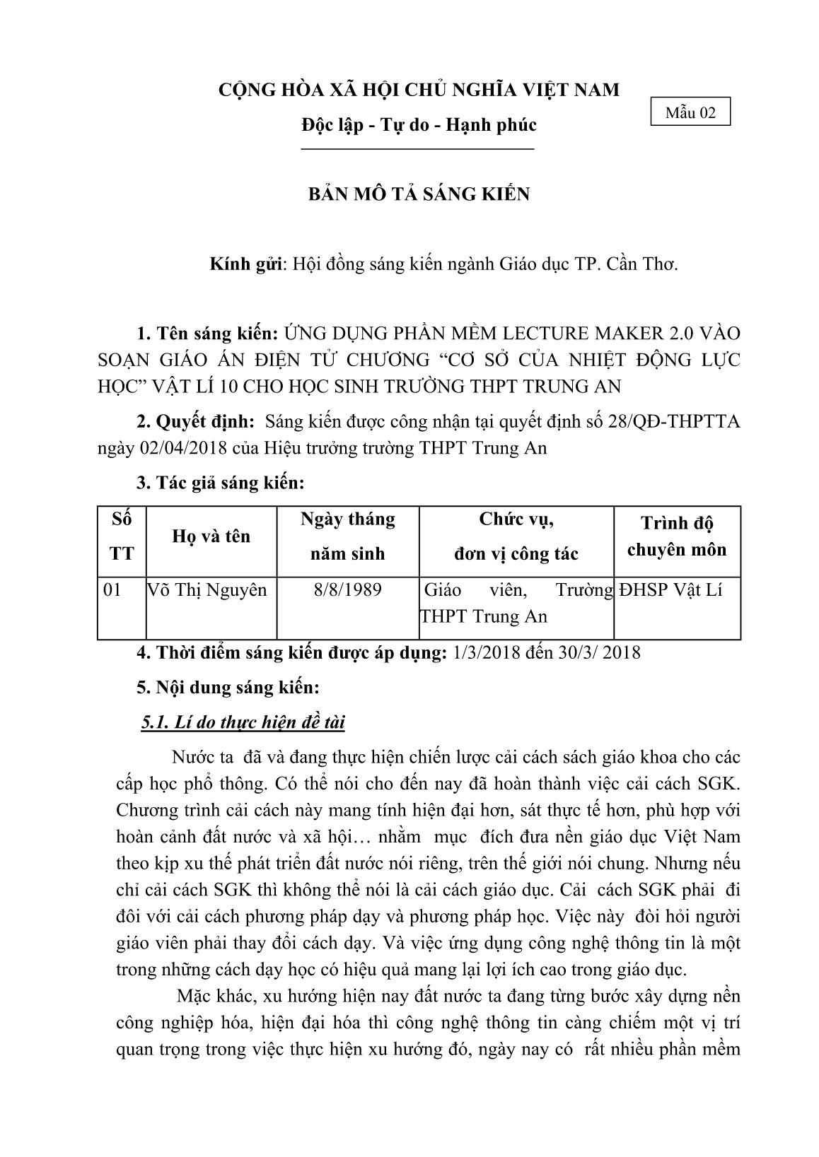 Mô tả Sáng kiến Ứng dụng phần mềm Lecture Maker 2.0 vào soạn giáo án điện tử chương “Cơ sở của nhiệt động lực học” Vật lí 10 cho học sinh trường THPT Trung An trang 1