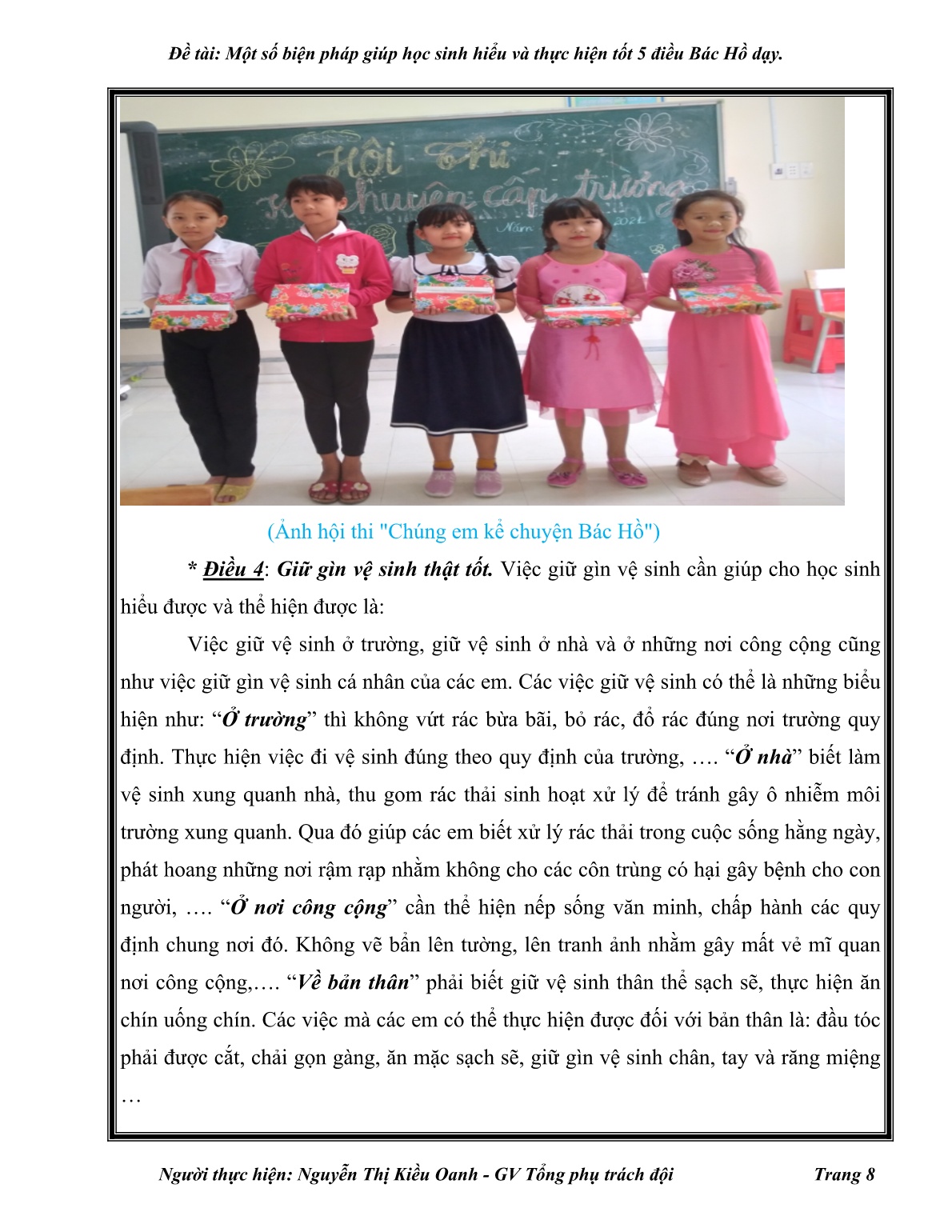 Sáng kiến kinh nghiệm Một số biện pháp giúp học sinh hiểu và thực hiện tốt 5 điều Bác Hồ dạy trang 8 Sáng kiến kinh nghiệm Một số biện pháp giúp học sinh hiểu và thực hiện tốt 5 điều Bác Hồ dạy trang 8