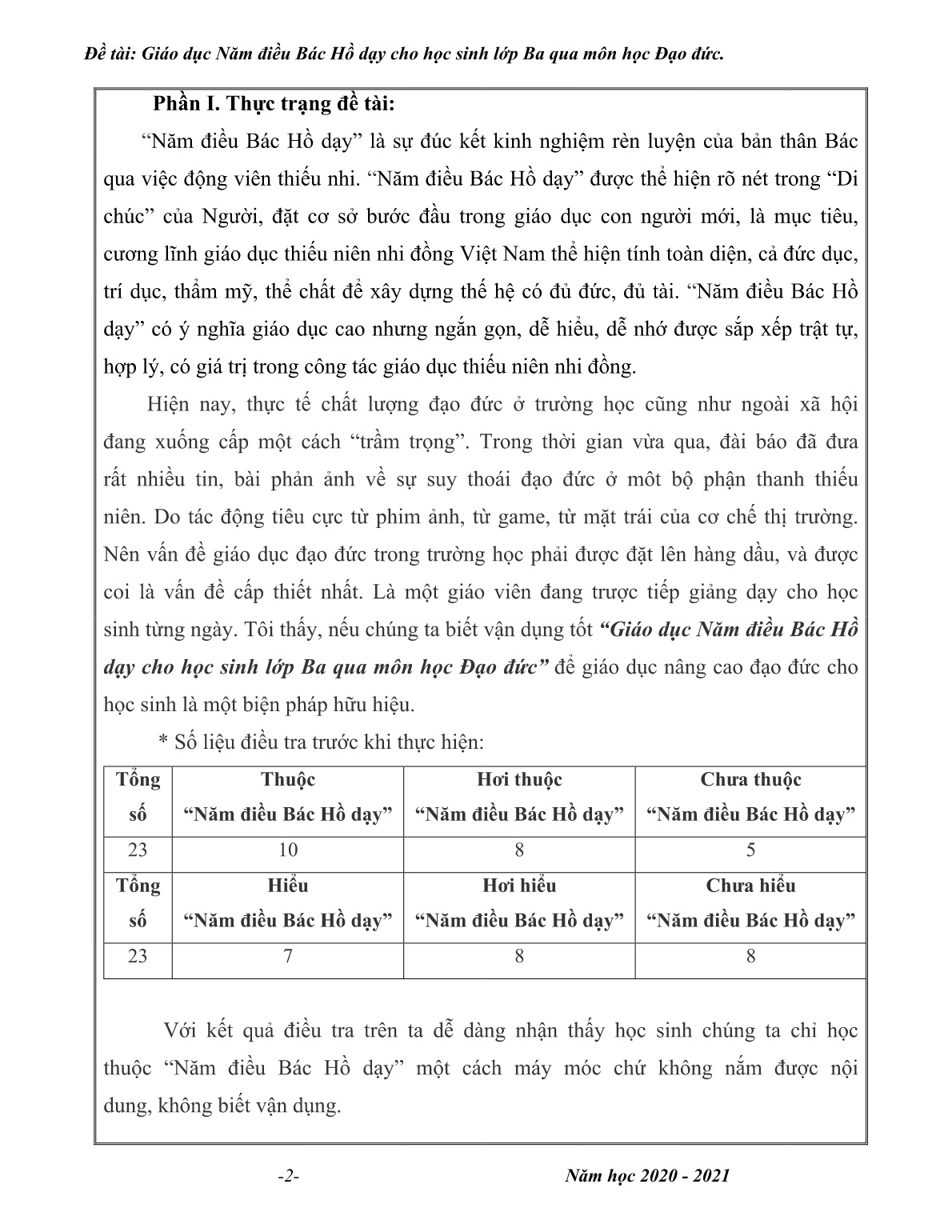 Sáng kiến kinh nghiệm Giáo dục Năm điều Bác Hồ dạy cho học sinh Lớp Ba qua môn học Đạo đức trang 2 Sáng kiến kinh nghiệm Giáo dục Năm điều Bác Hồ dạy cho học sinh Lớp Ba qua môn học Đạo đức trang 2