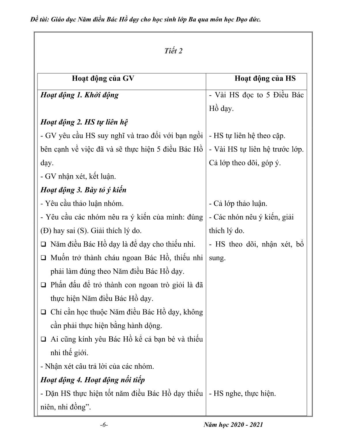 Sáng kiến kinh nghiệm Giáo dục Năm điều Bác Hồ dạy cho học sinh Lớp Ba qua môn học Đạo đức trang 6 Sáng kiến kinh nghiệm Giáo dục Năm điều Bác Hồ dạy cho học sinh Lớp Ba qua môn học Đạo đức trang 6