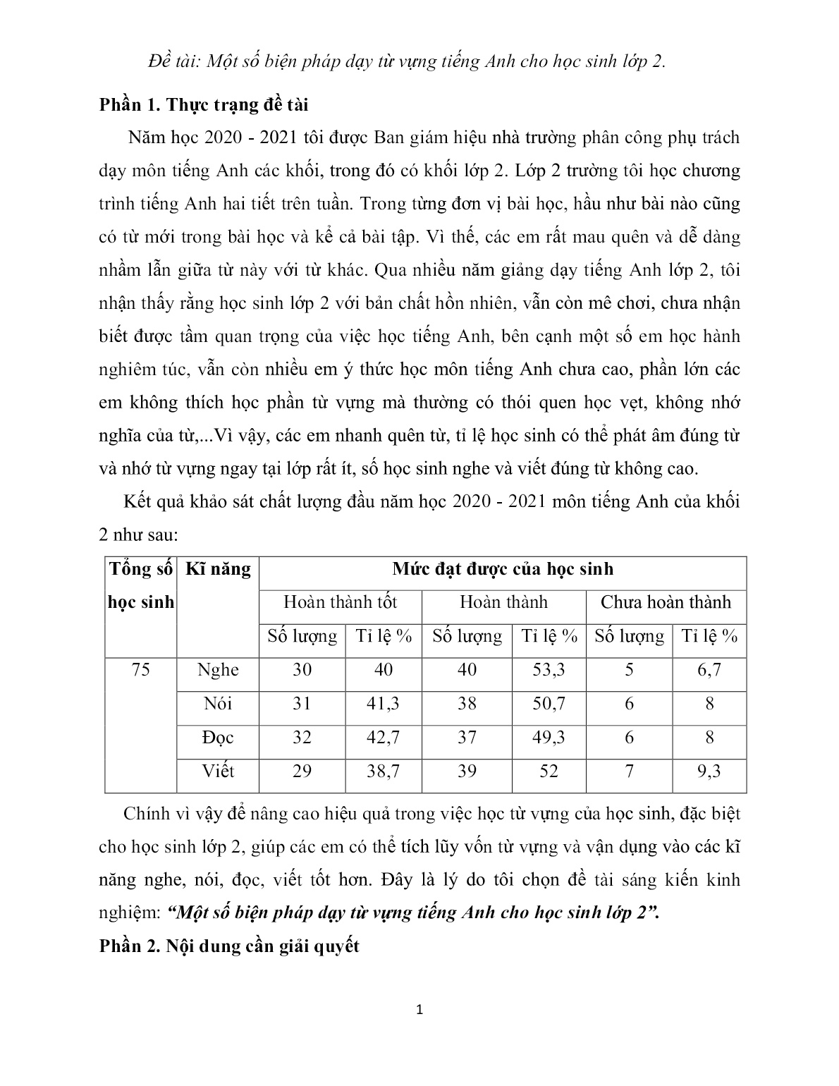 Sáng kiến kinh nghiệm Một số biện pháp dạy từ vựng tiếng Anh cho học sinh Lớp 2 trang 1 Sáng kiến kinh nghiệm Một số biện pháp dạy từ vựng tiếng Anh cho học sinh Lớp 2 trang 1