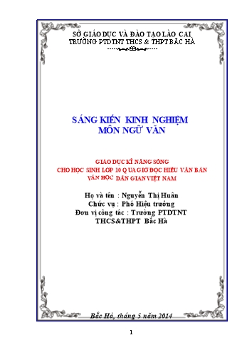 Sáng kiến kinh nghiệm Giáo dục kĩ năng sống cho học sinh Lớp 10 qua giờ đọc hiểu văn bản Văn học dân gian Việt Nam