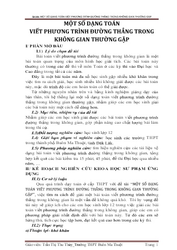 Sáng kiến kinh nghiệm Một số dạng toán viết phương trình đường thẳng trong không gian thường gặp