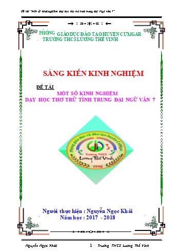 Sáng kiến kinh nghiệm Một số kinh nghiệm dạy học thơ trữ tình trung đại Ngữ văn 7