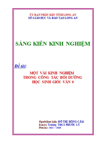 Sáng kiến kinh nghiệm Một vài kinh nghiệm trong công tác Bồi dưỡng học sinh giỏi Văn 9