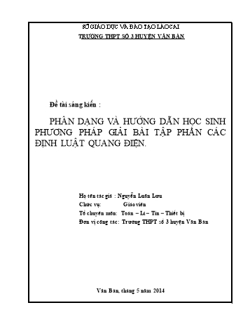 Sáng kiến kinh nghiệm Phân dạng và hướng dẫn học sinh phương pháp giải bài tập phần các định luật quang điện