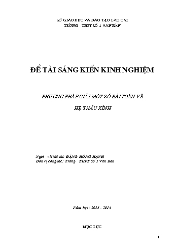 Sáng kiến kinh nghiệm Phương pháp giải một số bài toán về hệ thấu kính