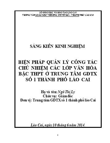 SKKN Biện pháp quản lý công tác chủ nhiệm các lớp văn hóa bậc THPT ở trung tâm GDTX số 1 Thành phố Lào Cai