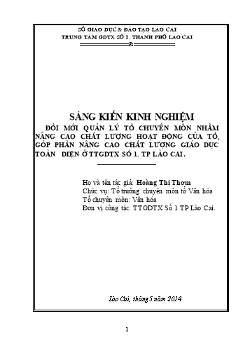 SKKN Đổi mới quản lý tổ chuyên môn nhằm nâng cao chất lượng hoạt động của tổ, góp phần nâng cao chất lượng giáo dục toàn diện ở TTGDTX số 1 TP Lào Cai
