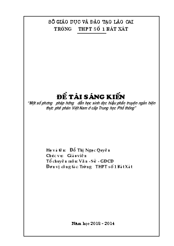 SKKN Một số phương pháp hướng dẫn học sinh đọc hiểu phần truyện ngắn hiện thực phê phán Việt Nam ở cấp Trung học Phổ thông